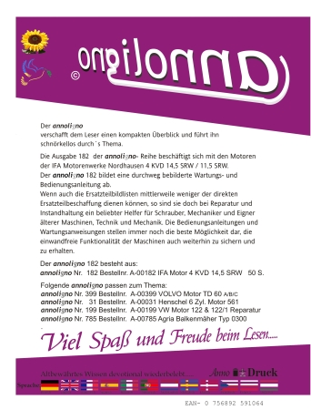 IFA Motorenwerke Nordhausen Typ 4 KVD 14,5 SRW/11,5 SRW Bild- Bedienungsanleitung & Wartungsanleitung - annoligno 182